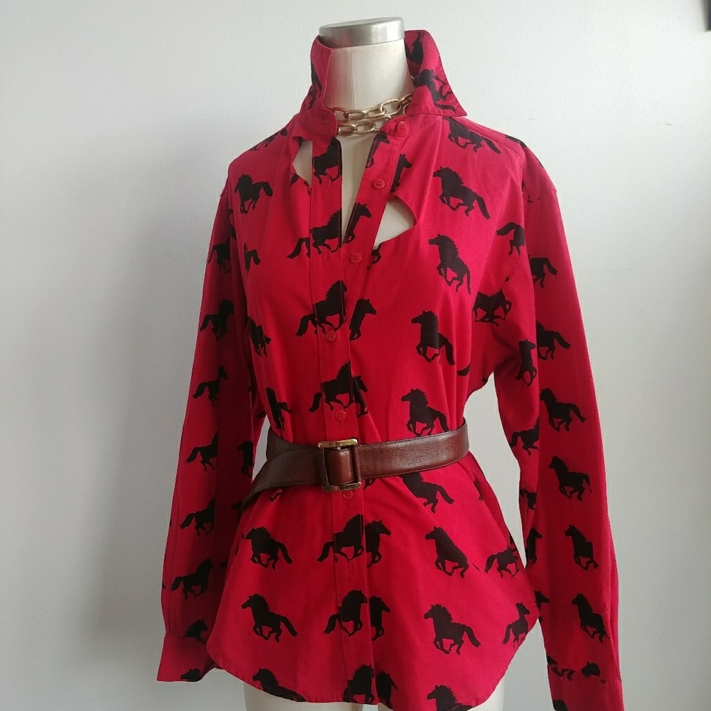Vintage button down red horse shirt with cutouts m